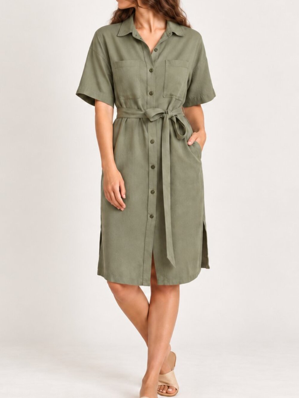 Marine Layer Renata Shirt Dress Size Small Olive Green Belted Utility Midi Dress